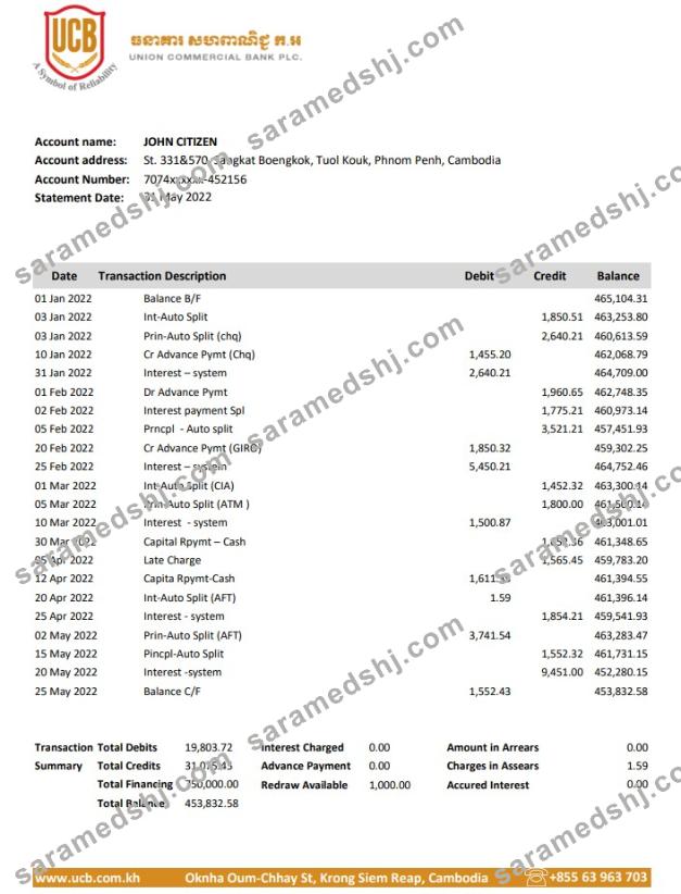 Cambodia Union Commercial bank statement